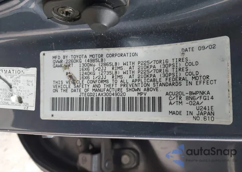 2003 Toyota Highlander from USA, damaged, VIN JTEGD21AX30049020